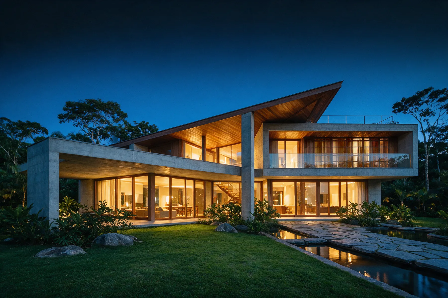Casa contemporânea de concreto e madeira, iluminada ao anoitecer