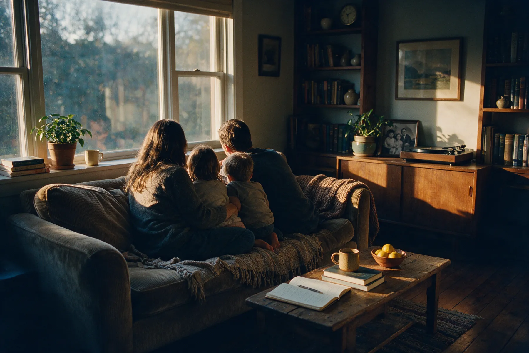 Família reunida no sofá da sala, vista de costas, no fim da tarde